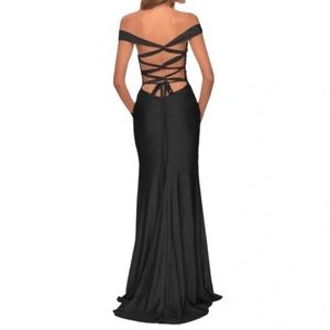 LA FEMME Off the shoulder evening dress with open lace back.